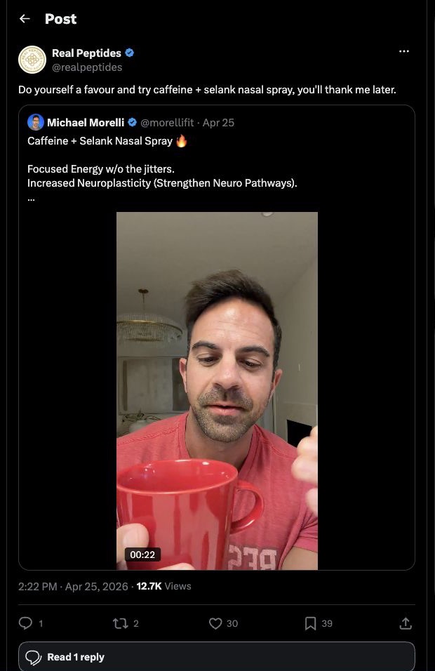 Native X capture of Real Peptides quote-posting Michael Morelli's caffeine and Selank nasal-spray testimonial