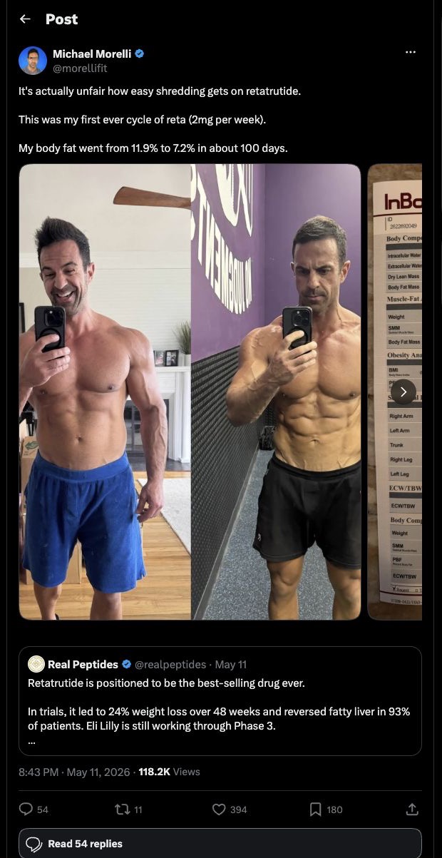 Native X capture of Michael Morelli's retatrutide body-fat testimonial