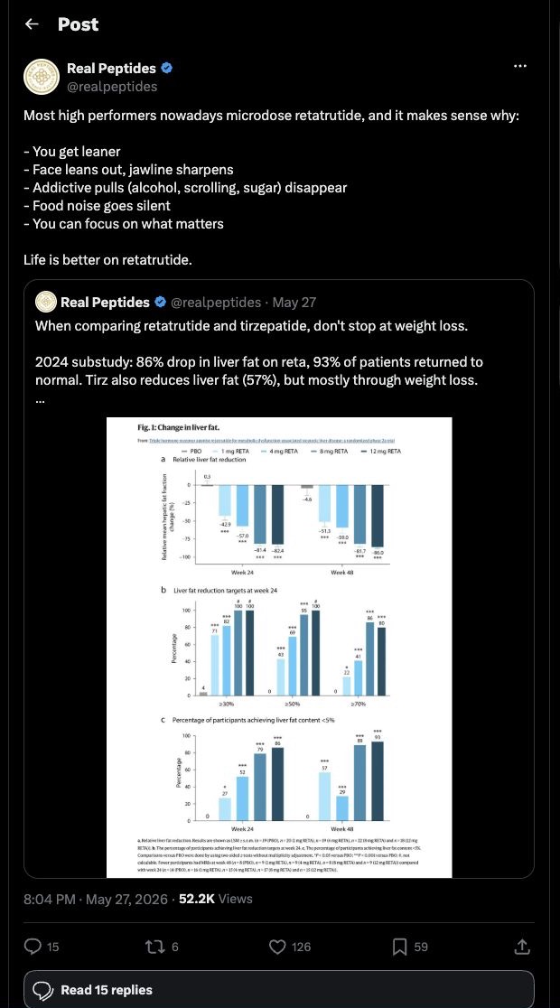 Native X capture of Real Peptides saying life is better on retatrutide