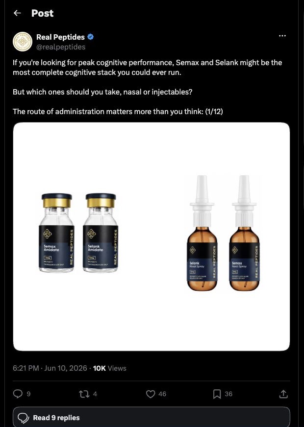 Native X capture of Real Peptides promoting Semax and Selank as a cognitive stack