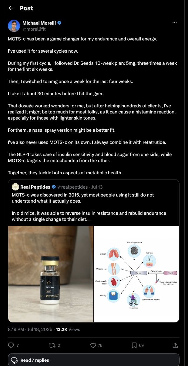 Native X capture of Michael Morelli's July 18, 2026 MOTS-c protocol quote-posting Real Peptides