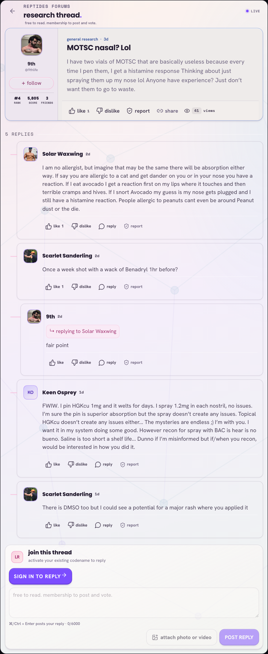 Reptides Forum thread by 9thlife titled MOTSC nasal, describing injection histamine response and asking about nasal administration, with peer replies on Benadryl and recon
