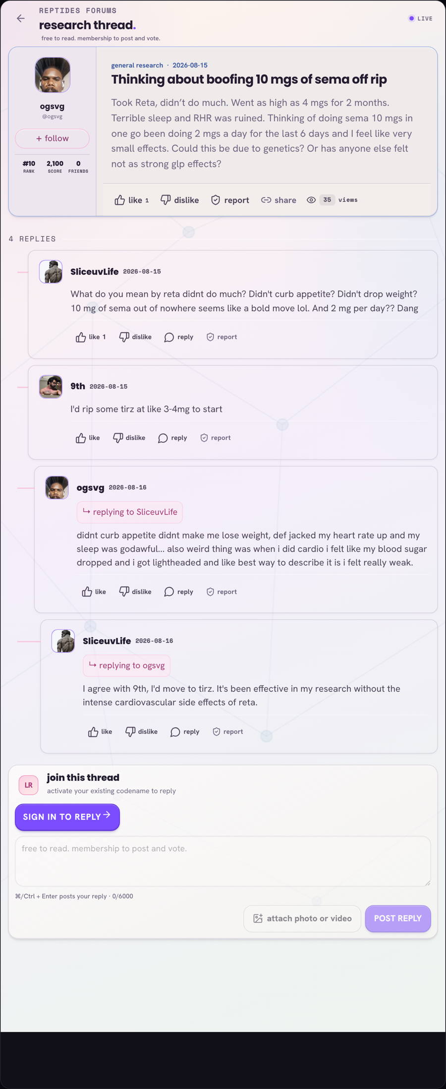 Reptides Forum thread by ogsvg titled Thinking about boofing 10 mgs of sema off rip, with personal GLP dosing details and replies coaching alternatives