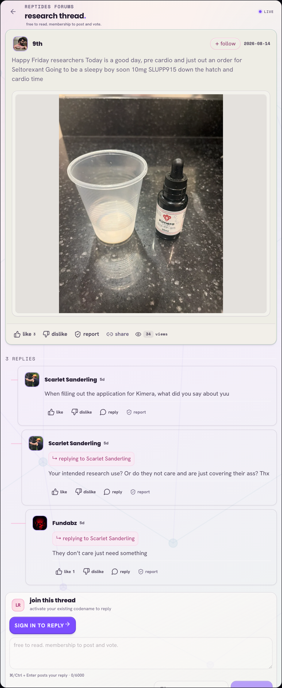 Reptides Forum thread showing personal SLU-PP-332 use with a Kimera bottle photo, and a reply saying vendors do not care what you write for intended research use