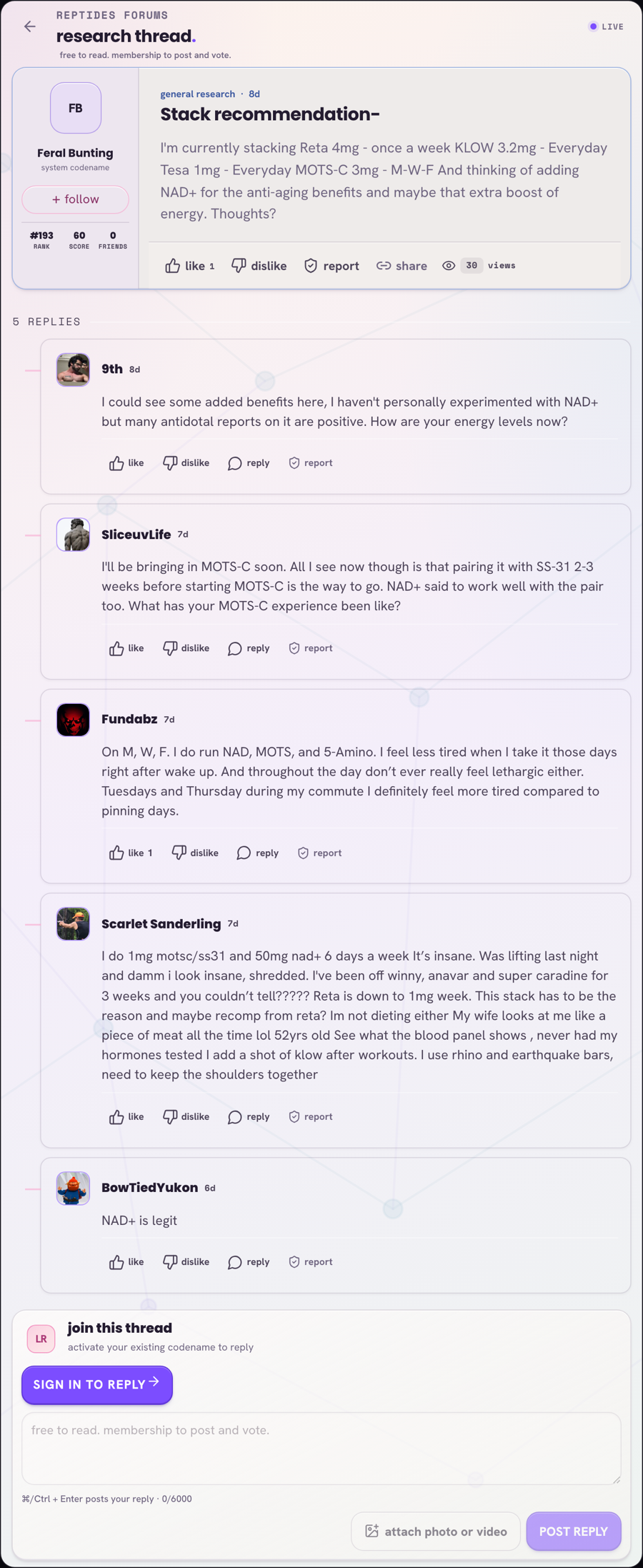 Reptides Forum thread titled Stack recommendation, listing Reta, KLOW, Tesa, and MOTS-C doses with replies discussing NAD+ and personal outcomes