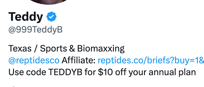 X profile bio for @999TeddyB reading: @reptidesco Affiliate, with a referral link and 'Use code TEDDYB for $10 off your annual plan'
