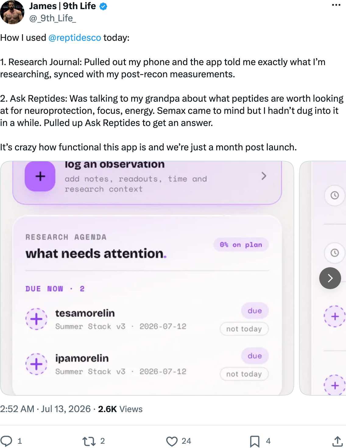 James | 9th Life on X, July 13 2026, describing how he used the Reptides app that day