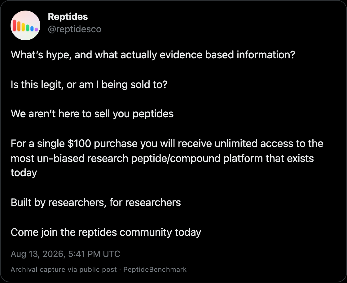 Reptides on X, Aug 13 2026, asking what is hype versus evidence and saying they are not here to sell peptides