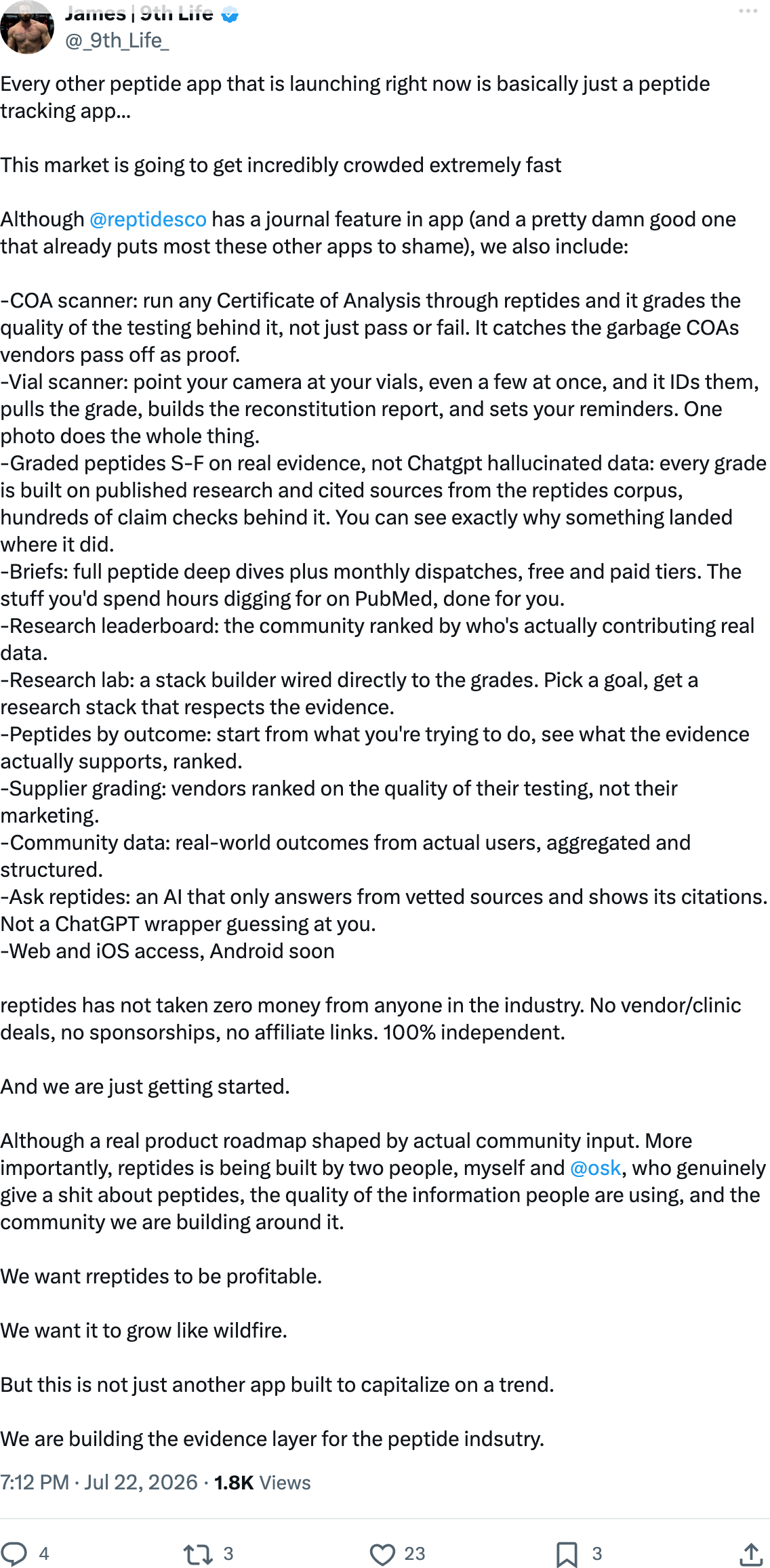 James | 9th Life on X, July 22 2026, listing Reptides features and stating it has taken no money from anyone in the industry