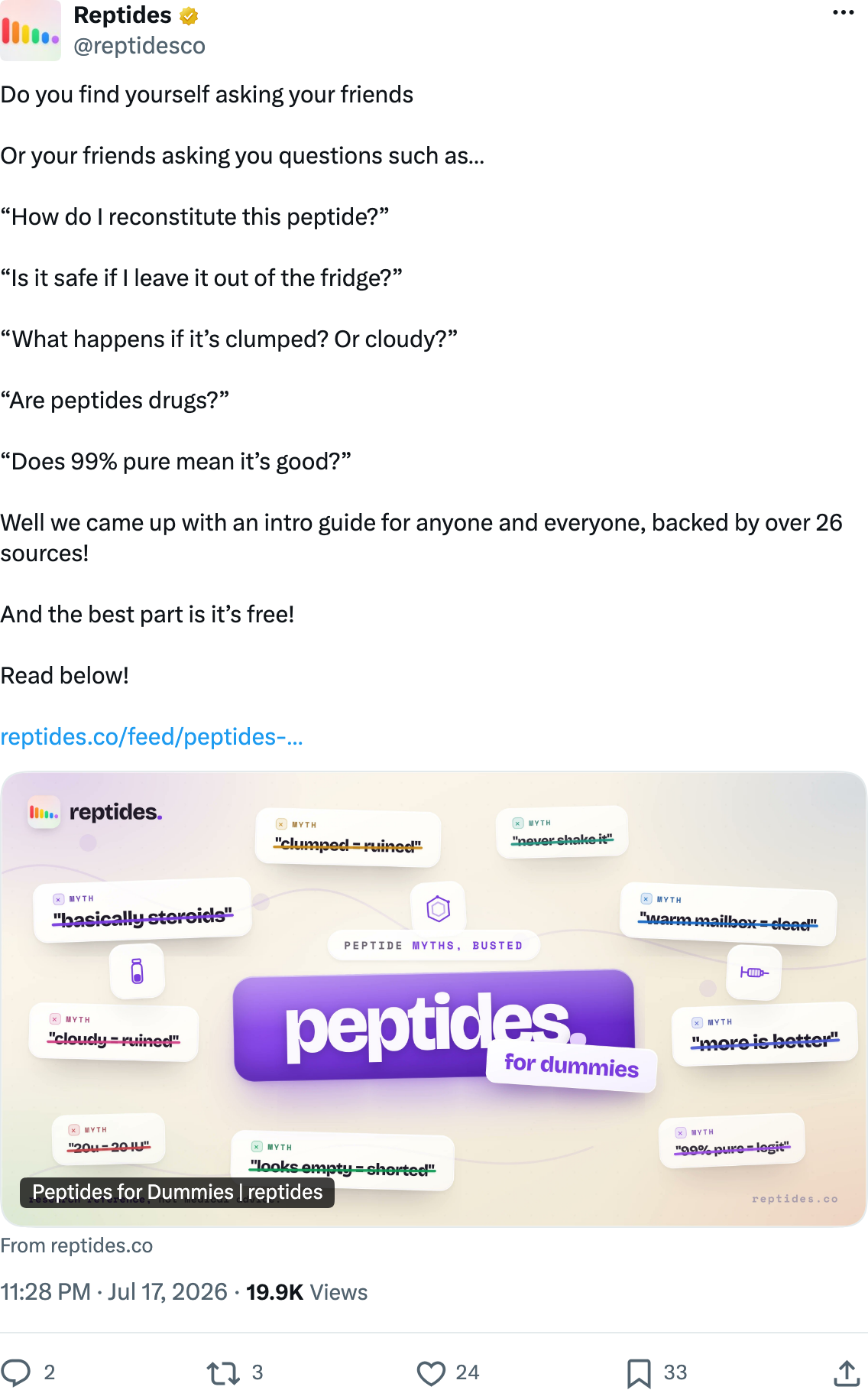 Reptides on X, July 17 2026, promoting a free intro guide covering reconstitution and storage questions