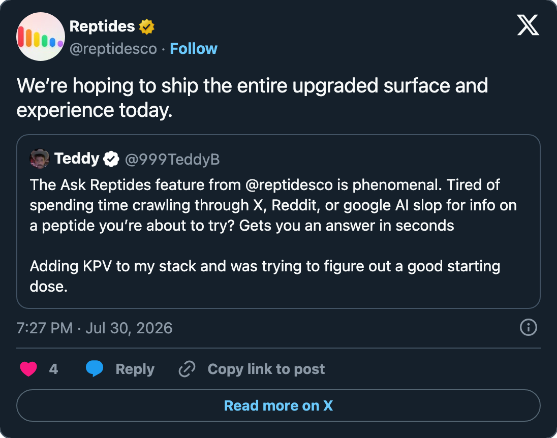Reptides quote-tweeting @999TeddyB's praise for the Ask Reptides feature, which mentions figuring out a starting dose for KPV
