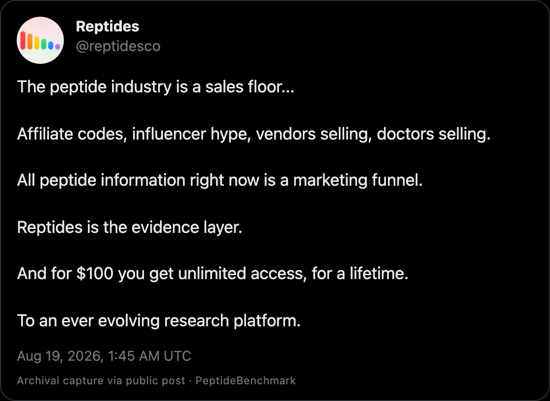 Reptides on X, Aug 19 2026, calling the peptide industry a sales floor of affiliate codes and influencer hype