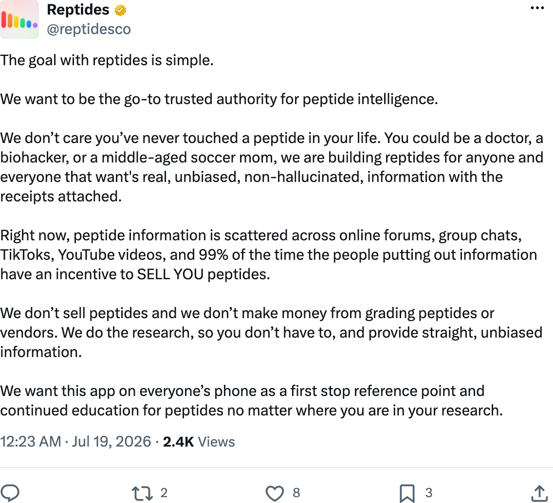Reptides on X, July 19 2026, describing its goal of being the go-to trusted authority for peptide intelligence
