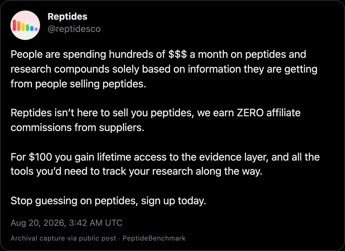 Reptides on X, Aug 20 2026, saying they are not here to sell peptides and earn zero affiliate commissions from suppliers
