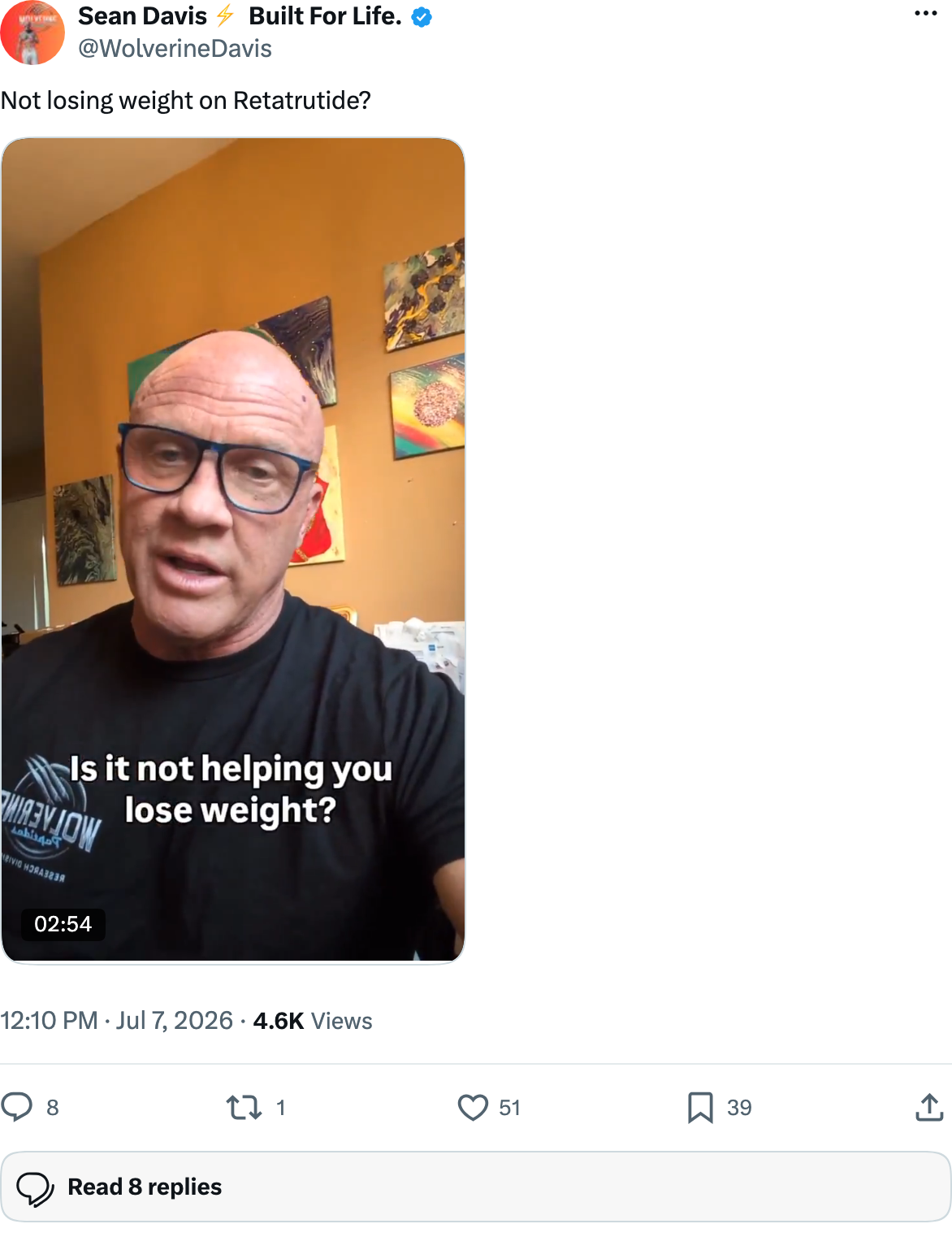 @WolverineDavis on X with a video captioned 'Not losing weight on retatrutide?'
