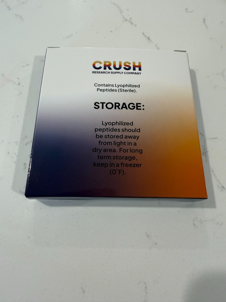 Crush Research peptides box panel with lyophilized peptide storage instructions
