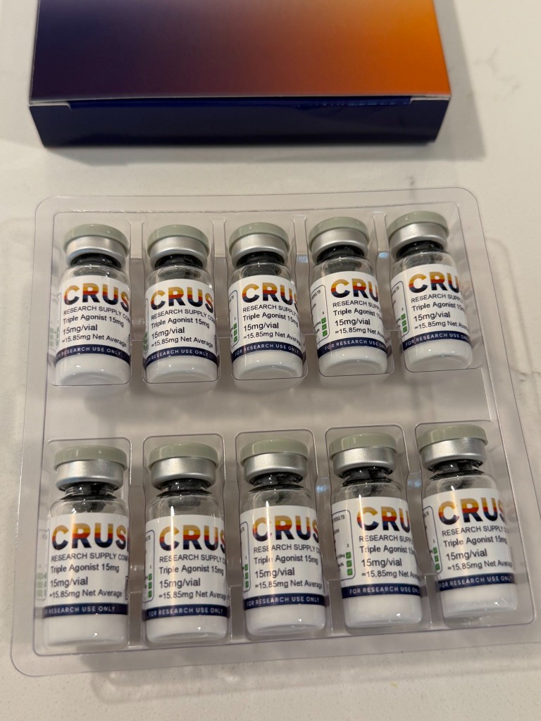 Ten Crush Research Triple Agonist 15mg peptide vials in a clear blister tray