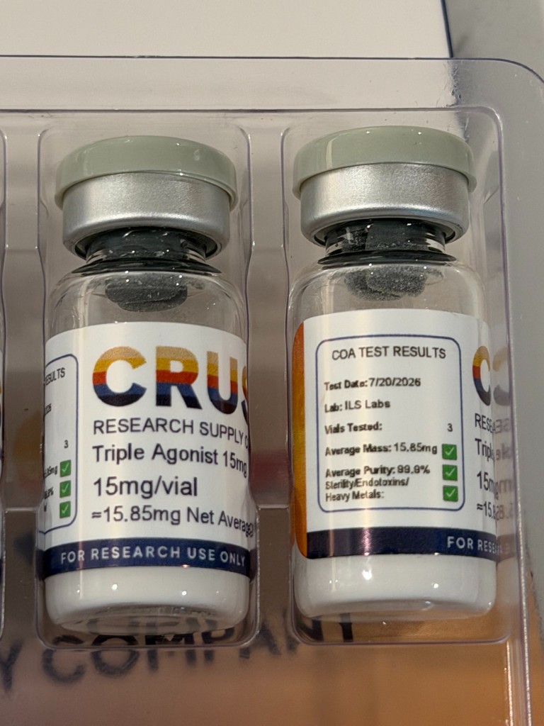 Crush Research Triple Agonist 15mg vials showing front label and ILS COA test results panel